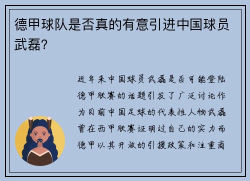 德甲球队是否真的有意引进中国球员武磊？
